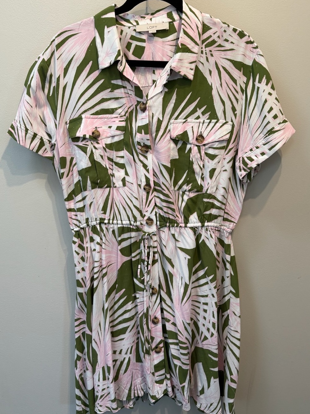 LOFT Olive and Pink Palm-Print Button Front Romper